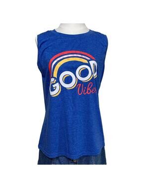 Unbranded Good Vibes Graphic Tank Top Womens Small Blue Rainbow Muscle Tee